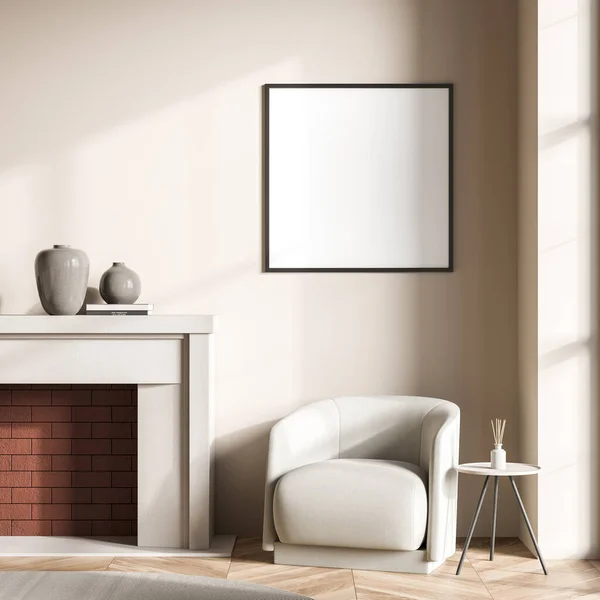 Square canvas on the beige wall of the living room interior with the fireplace near the armchair and a coffee table. Parquet. Mock up. A concept of modern seating area design. 3d rendering
