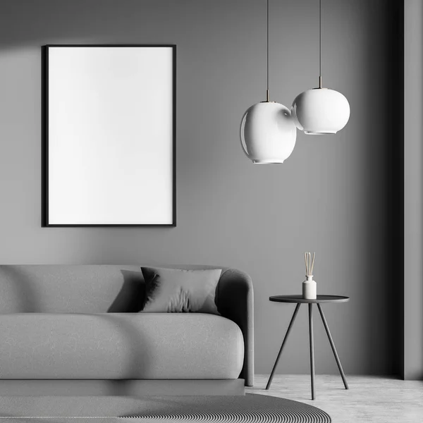 Interior Sala Estar Escura Com Cartaz Branco Vazio Sofá Mesa — Fotografia de Stock