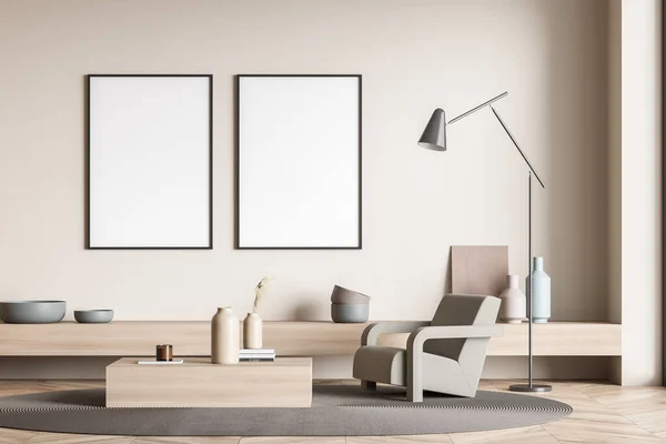 Two empty framed canvases in the living room interior with beige design, using neat details of modern minimalist style. A concept of seating idea. Mock up. 3d rendering