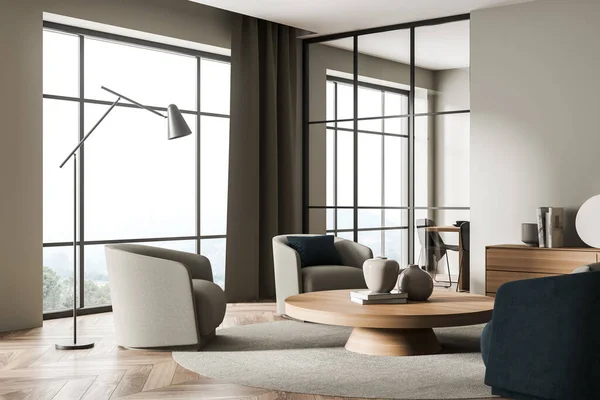 Corner of the neat beige living room interior with a glass partition and a big round wooden coffee table in the middle of the seating area. Parquet flooring. A concept of a seating idea. 3d rendering