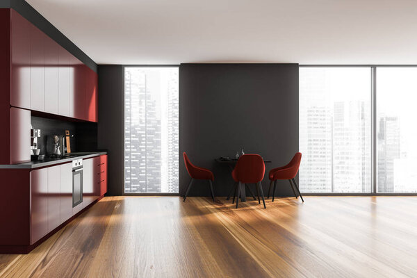 Red bright kitchen room interior with panoramic window, dining table with chairs, coffee machine and oak wooden floor. Contemporary minimalist design. Blank space for creative idea. 3d rendering