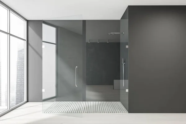 シャワー 空の白い壁 オーク材の木製の床 シンガポール市の超高層ビルとパノラマウィンドウで暗いバスルームのインテリアでサイドビュー 衛生的でスパの手順の概念 モックアップ 3Dレンダリング — ストック写真