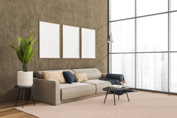 Blick Die Wohnzimmerecke Mit Drei Leeren Postern Wand Couch Panoramafenster — Stockfoto