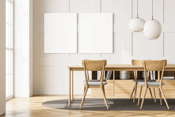 Twee Doeken Witte Muur Een Interieur Met Een Tafel Stoelen — Stockfoto