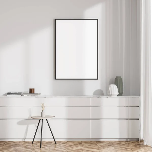 Helles Wohnzimmer Mit Weißem Leeren Poster Sideboard Couchtisch Und Eichenholzparkett — Stockfoto