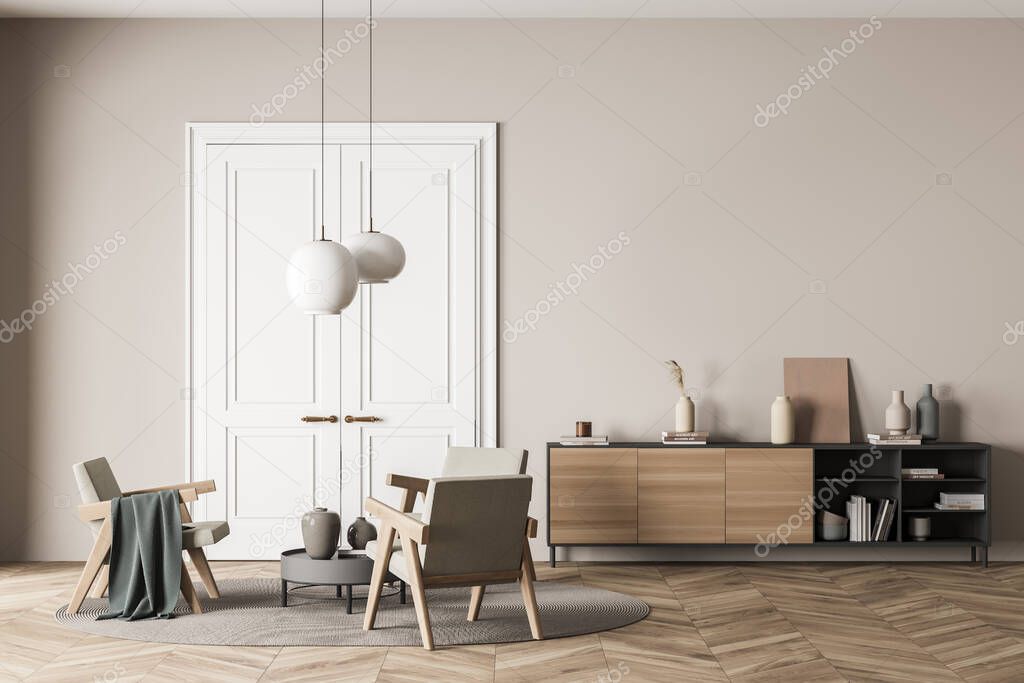Bright living room interior with empty wall, three armchairs, carpet, doors, coffee table, sideboard and oak wooden parquet floor. Concept of minimalist design for chill and relaxation. 3d rendering
