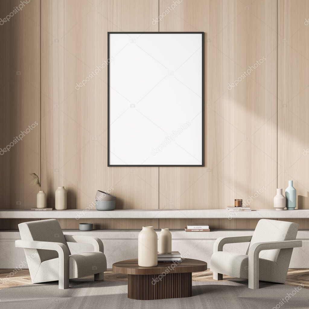 Canvas on wood wall of the living room with beige armchairs, a sideboard and a dark wood coffee table. Seating area interior design. Mock up. 3d rendering