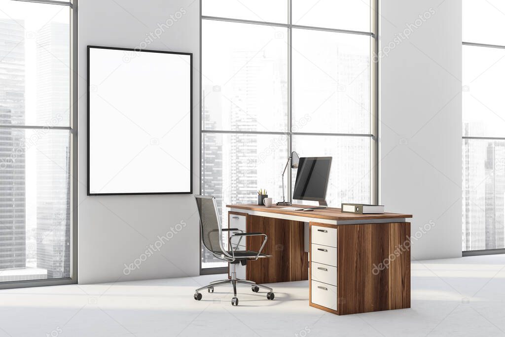 Bright office room interior with empty white poster, panoramic window with Singapore city view, desktop, armchairs, desk and concrete floor. Perfect place for working process. 3d rendering