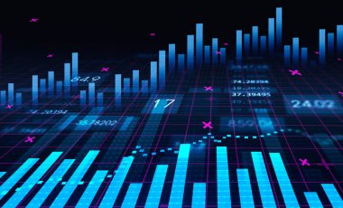 Açık mavi çizelgeler, parlak pembe detaylar ve bulanık verilerle kare arkaplanda. Finansal öngörü kavramı. 3d oluşturma