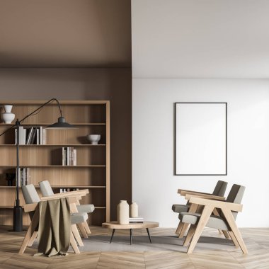 Oturma alanındaki dört koltuklu boş çerçeve, iç tasarımda simetrik denge yaratıyor, bej duvarlar, modern trendler ve bir parke kullanıyor. Model yap. Oturma odası konsepti. 3d oluşturma
