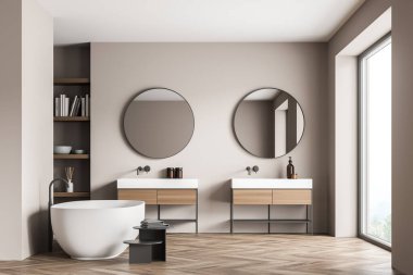 İki gösteriş meraklısı ayna, panoramik bir manzara, oval beyaz bir küvet ve bej banyo için modern, temiz bir iç tasarım rafı. Minimalist bir kavram. 3d oluşturma