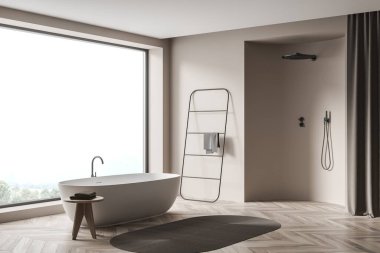 Parlak banyo manzarası küvet, duş, panoramik pencere kırsal manzara, halı ve ahşap parke zemin. Sağlık için hijyenik ve spa prosedürleri kavramı. 3d oluşturma