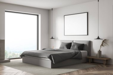 Panoramik yatak odasının iç kısmının beyaz duvarında boş yatay tuval var. Gri bir yatak, iki lamba ve bir komodinin köşesi. Parke. Model yap. Modern ev tasarımı kavramı. 3d oluşturma