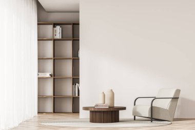 Parlak oturma odası içi boş beyaz duvar, koltuk, perde, sehpa, raflar ve ahşap parke zemin. Soğukluk ve rahatlama için İskandinav minimalist tasarımı kavramı. 3d oluşturma