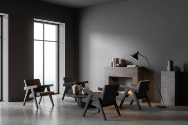 Koyu gri oturma odası, dört koltuğu, bir şöminesi, bir sehpası, duvarın yanında bir standı ve ince bir lambası var. Beton zemin. Modern tasarım kavramı. 3d oluşturma