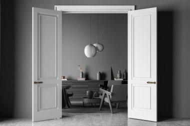 İçinde üç koltuk, halı, kapı, sehpa, büfe ve beton zemin olan karanlık bir oturma odası. Soğukluk ve rahatlama için minimalist tasarım kavramı. 3d oluşturma