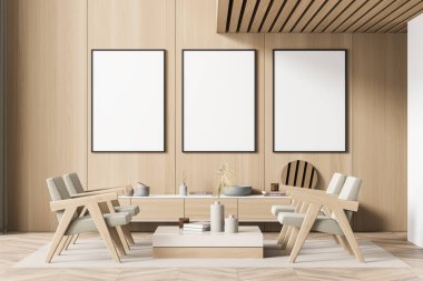 Oturma odasındaki dört koltuğun üzerinde bej rengi iç dekorlar ve ahşap duvarlar olan üç tuval var. Parke. Model yap. Modern klas bir ev tasarımı konsepti. 3d oluşturma