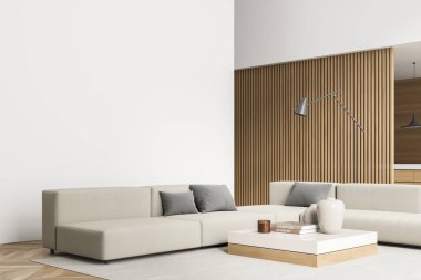 Şık beyaz ve bej oturma odasının köşesinde kanepe, platform sehpa, ahşap bölme ve ince bir lamba var. Parke. Modern apartman tasarımı kavramı. 3d oluşturma