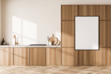 Parlak mutfak odasının içini yakından görebiliyoruz. Duvarında beyaz boş bir poster, dolapta ve meşe ağacından parke zemin var. Çağdaş minimalist tasarım. 3d oluşturma
