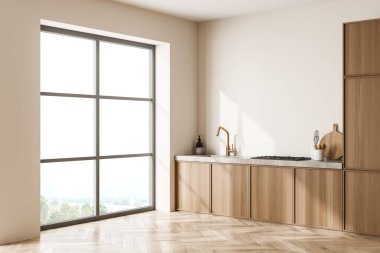 Dolap, lavabo, meşe ağacından parke döşeme ve kırsal manzaralı panoramik pencereli parlak mutfak manzarası. Çağdaş minimalist tasarım. 3d oluşturma