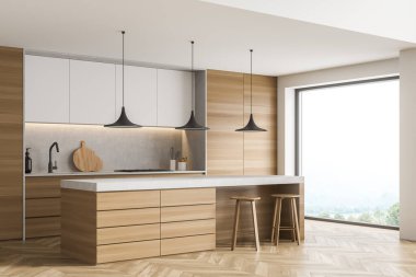 Panoramik mutfak içinin köşesinde kahvaltı masası, üç kolye lambası, iki tabure, beyaz üst dolaplar ve ahşap malzemeler var. Parke. Moda tasarımı konsepti. 3d oluşturma