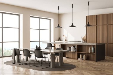 Parlak mutfak manzarası mutfak masası, altı sandalye, meşe ağacından parke döşeme, dolap ve kırsal manzaralı panoramik pencere. Çağdaş minimalist tasarım. 3d oluşturma