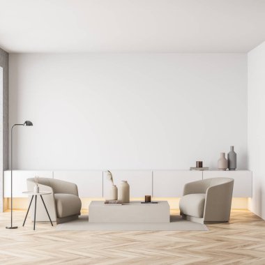 Beyaz boş duvarlı parlak bir oturma odası, iki koltuk, sehpa, büfe ve meşe ağacından parke zemin. Soğukluk ve rahatlama için minimalist tasarım kavramı. 3d oluşturma
