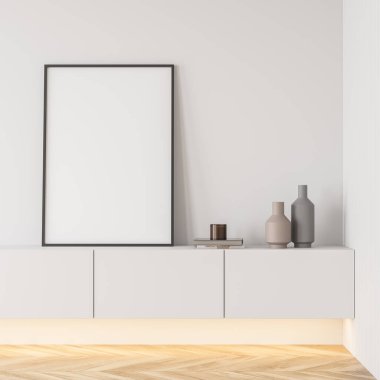 Parlak oturma odası içi beyaz boş poster, büfe ve meşe ağacından parke zemin. Soğukluk ve rahatlama için minimalist tasarım kavramı. Model yap. 3d oluşturma