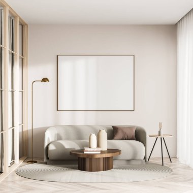 Parlak oturma odası içi beyaz boş poster, kanepe, sehpa, halı ve meşe ağacından parke zemin. Soğukluk ve rahatlama için minimalist tasarım kavramı. Model yap. 3d oluşturma
