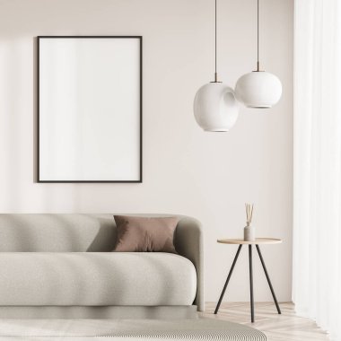 Beyaz boş poster, kanepe, sehpa, perde ve meşe parke zemini olan parlak bir oturma odası. Soğukluk ve rahatlama için minimalist tasarım kavramı. Model yap. 3d oluşturma