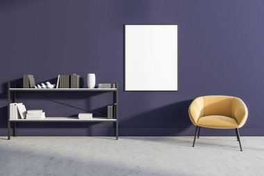 Oturma odasının içinde mor duvarda, koltukta, raflarda ve beton zeminde beyaz boş bir poster var. Soğukluk ve rahatlama için minimalist tasarım kavramı. Model yap. 3d oluşturma