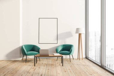 Parlak oturma odasının içinde duvarında beyaz boş poster panoramik pencere, iki koltuk, dizüstü bilgisayar ve meşe ağacından döşeme. Soğukluk ve rahatlama için minimalist tasarım kavramı. Model yap. 3d oluşturma