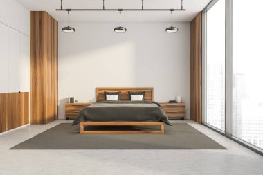Parlak yatak odası içi boş beyaz duvar, panoramik pencere, büyük yatak odası, kitaplar ve beton zemin. Soğukluk ve rahatlama için minimalist tasarım kavramı. 3d oluşturma