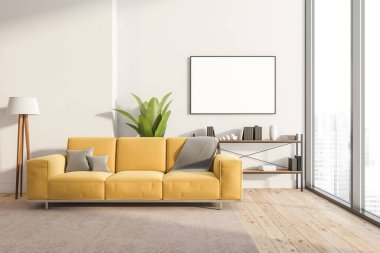 Parlak bir oturma odası, duvarında beyaz boş poster panoramik pencere, sarı kanepe, raflar ve meşe ağacından zemin. Soğukluk ve rahatlama için minimalist tasarım kavramı. Model yap. 3d oluşturma