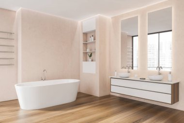 Pembe banyo içi oval beyaz seramik küvet, çift kibir, duvarda iki ayna, köşede bir raf ve koyu ahşap zemin. Modern apartman tasarımı kavramı. 3d oluşturma