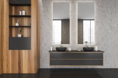 Gürültülü mermer duvarlar, parlak ahşap gardırop, açık raflar, iki lavabo, iki ayna ve beton zemin olan bir makyaj. Modern apartman tasarımı kavramı. 3d oluşturma