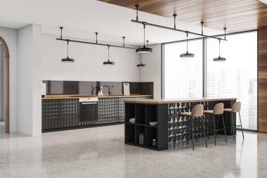 Beyaz panoramik mutfak iç kısmının köşesinde şık siyah mobilyalar, lambalı çerçeveler, gri beton zemin ve ahşap malzemeler var. Modern daire tasarımı konsepti. 3d oluşturma