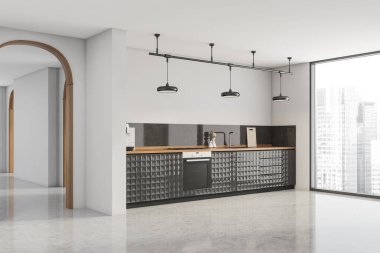 Beyaz mutfak iç mimarisi şık dokuma dolapları, bir tavan lambası, gri beton zemin, kemer ve ahşap detaylar. Köşe manzarası. Modern apartman tasarımı kavramı. 3d oluşturma