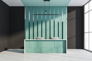 Karanlık ofis içi panoramik pencereli Singapur şehri gökdelenli, resepsiyonlu, iki masaüstü, siyah duvar, beton zemin. Çalışma sürecinin konsepti. 3d oluşturma