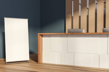 İçi boş beyaz pankartı, resepsiyonu, iki masaüstü, mavi duvar ve meşe ağacından zemini olan parlak bir ofis odası. Çalışma sürecinin konsepti. Model yap. 3d oluşturma