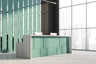 Karanlık ofis odasının iç tarafında panoramik pencere, Singapur şehri gökdeleni, resepsiyon, iki masa üstü, siyah duvar, beton zemin. Çalışma sürecinin konsepti. 3d oluşturma