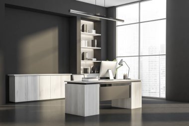 Karanlık ofis içinin köşesinde gökdelen manzaralı panoramik pencere, masaüstü, koltuk, siyah duvar, masa, kitap rafları ve beton zemin. Çalışma süreci için mükemmel bir yer. 3d oluşturma
