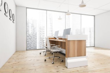 Çift koltuklu beyaz ofis lobisi, kolye lambaları, saati ve tavandan tavana pencereleri gösteren saatler. Ahşap döşeme. 3d oluşturma