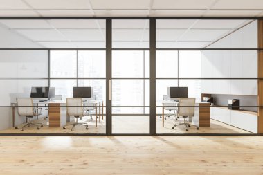 Çalışma alanı olan panoramik ofis alanına siyah çerçeveli cam giriş. Ahşap döşeme ve beyaz renk kullanarak dizayn et. Modern bir iş merkezi kavramı. 3d oluşturma