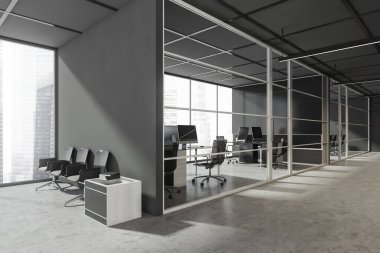 Boş bir duvarın yanında oturan gri ofis lobisi, beton döşeme, çerçeve cam bölme ve çalışma yerleri. Köşe manzarası. Modern iş merkezi tasarımı kavramı. 3d oluşturma