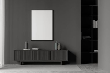 Beyaz boş poster, büfe, halı, kitaplık ve beton zemin olan karanlık bir oturma odası. Soğukluk ve rahatlama için minimalist tasarım kavramı. Model yap. 3d oluşturma