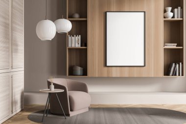 Modern bej ve açık kahverengi oturma odasındaki boş çerçeveli model tuval, şık bir raf, iki lamba, bir sehpa ve tek bir koltuk. Parke. Moda tasarımı konsepti. 3d oluşturma