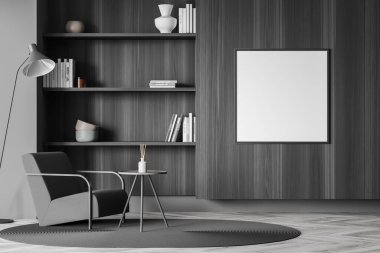 Oturma odasında, koltuğu, sehpası ve beton zemini olan karanlık ahşap kitap dolabında boş kare tuval. Model yap. Modern ev iç tasarımı kavramı. 3d oluşturma