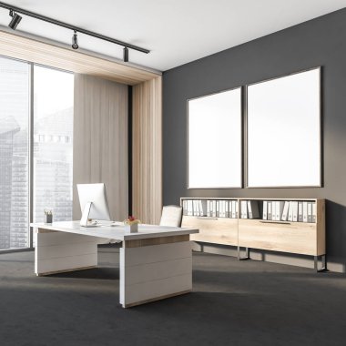İki boş beyaz poster, panoramik pencere, masaüstü, koltuk, masa, kitap rafları ve beton zemin. CEO çalışma alanı kavramı. Çalışma süreci için mükemmel bir yer. 3d oluşturma