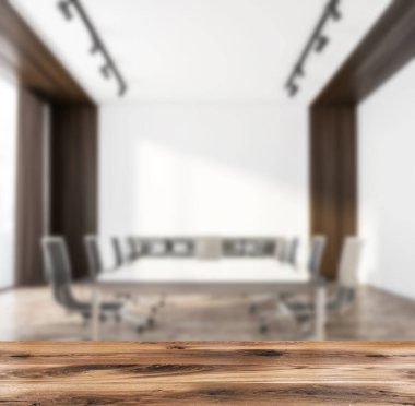 İçi boş beyaz duvar, panoramik pencere, büyük masa, dokuz koltuk, kitaplık ve meşe ağacından zemin. Reklam için iyi bir gösteri. 3d oluşturma